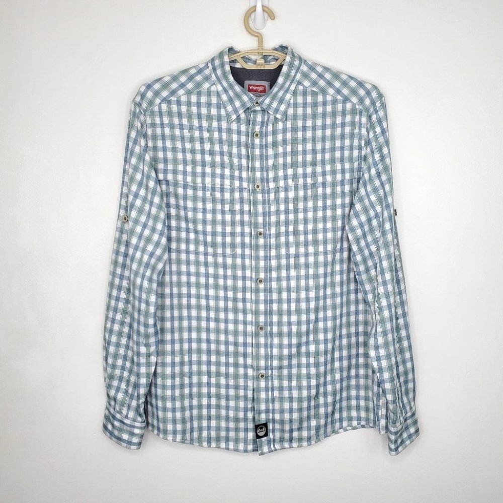 Wrangler Gray Green White Plaid Check Outdoor Series Regular Fit Shirt Size M